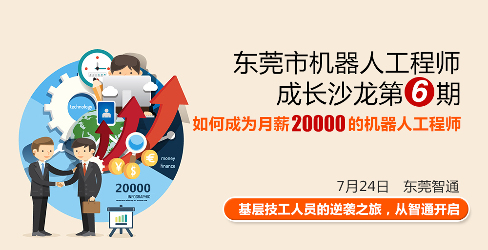 東莞市工業機器人工程師成長沙龍第六期，時間7月24日，地點東莞智通培訓學院。